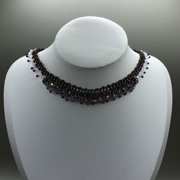 VINTAGE brass sparkling pink crystals choker collar necklace dressy statement. - Picture 3 of 5